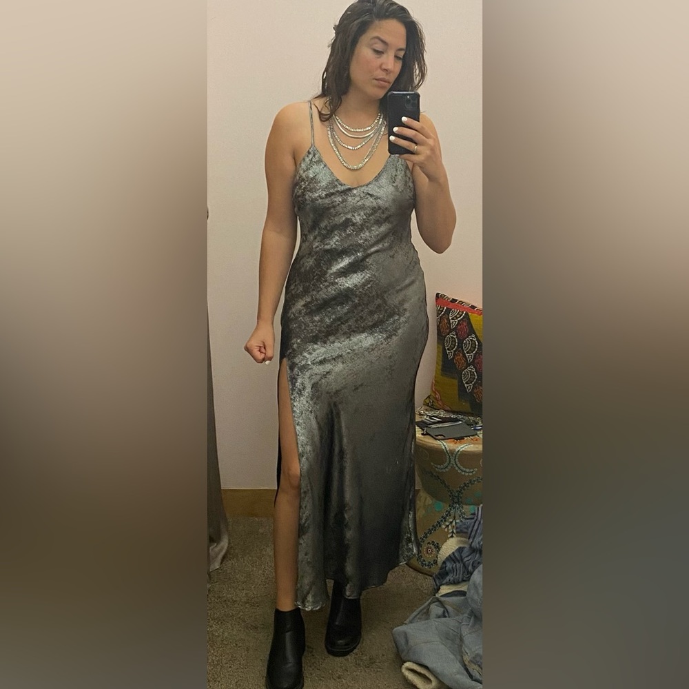 Silver metallic slip dress.